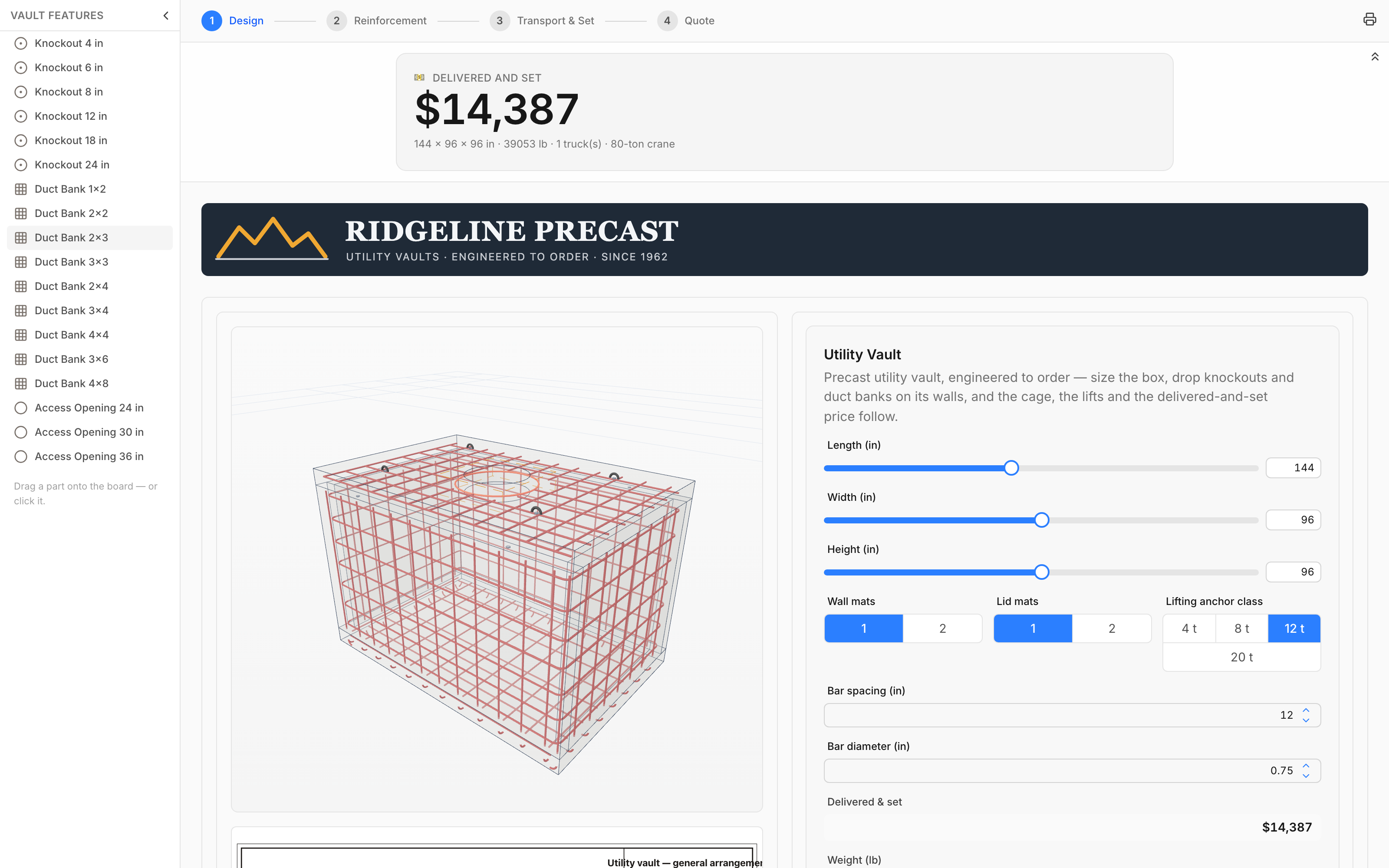 The Ridgeline Precast vault configurator: a 3D utility vault with its rebar cage in x-ray, a duct bank dropped on the front wall, the parts bin of knockouts and duct banks on the left, and the design catalog along the bottom.